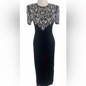 VTG LAWRENCE KAZAR Sz S BLACK 100% SiLK Beaded Long Formal Gown Dress- MINT!